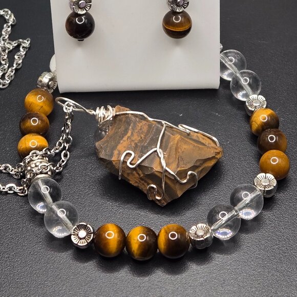 Tiger's Eye Clear Quartz Gemstone Beaded Flower Charm Jewelry Set - Picture 5 of 8